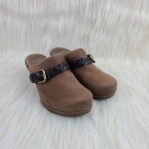 Dansko Brown Leather Heel Mule Clogs Buckle 2 Tone